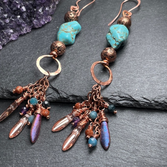 Artisan Turquoise Hand Wired Copper Fringe Dangle Earrings - Picture 4 of 14